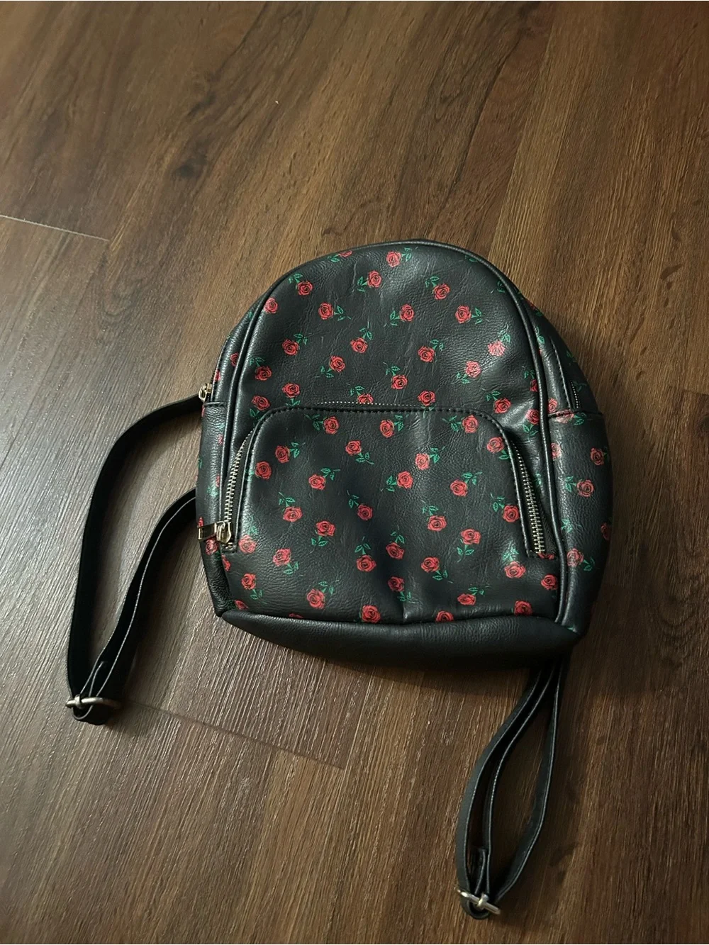 Rose Floral Design Black Faux Leather Small Backpack Bag